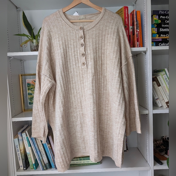 Free People Women's Sweater Henley Cozy Beige Knit Size Small Oversized Boho - Picture 2 of 11